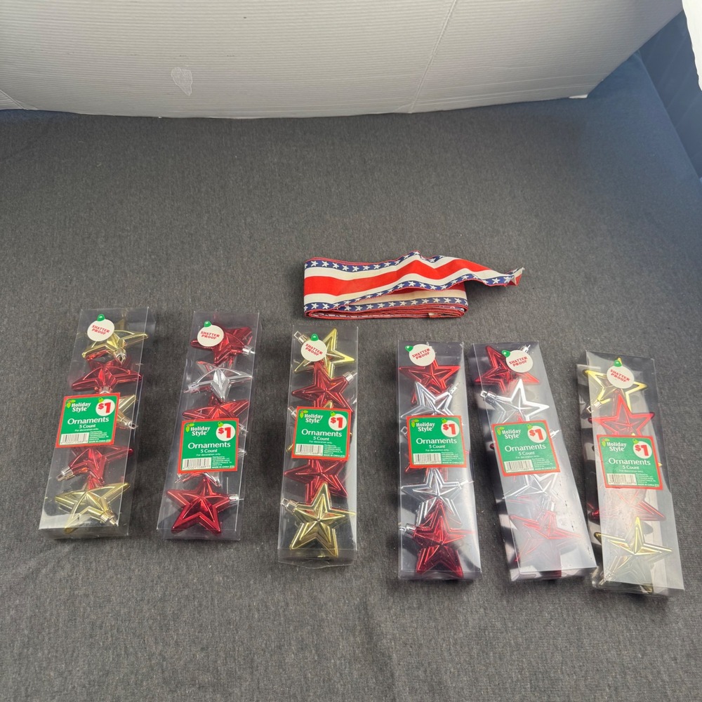 Holiday Style 30ct‎ Star Ornaments Shatterproof Red Gold,Silver,Patriotic Ribbon